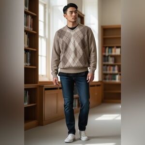 Italian Galila Lambswool Angora Argyle  Sweater High V Neck Heritage Men’s M